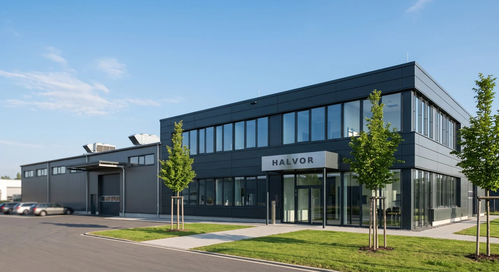 Firmengebäude der fiktiven Halvor Industrietechnik GmbH mit Bürotrakt, Produktionshalle und Parkplatz