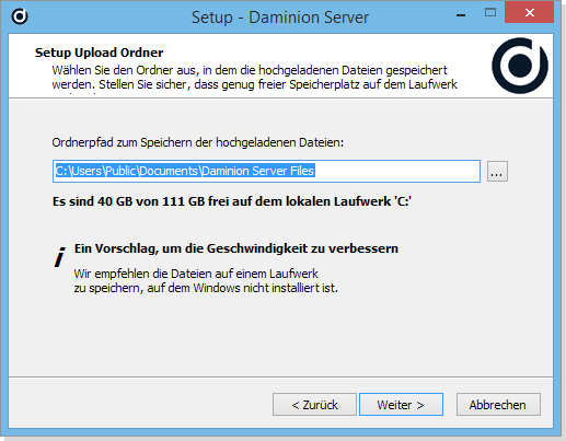 Daminion Server Setup Dialog - Upload Ordner