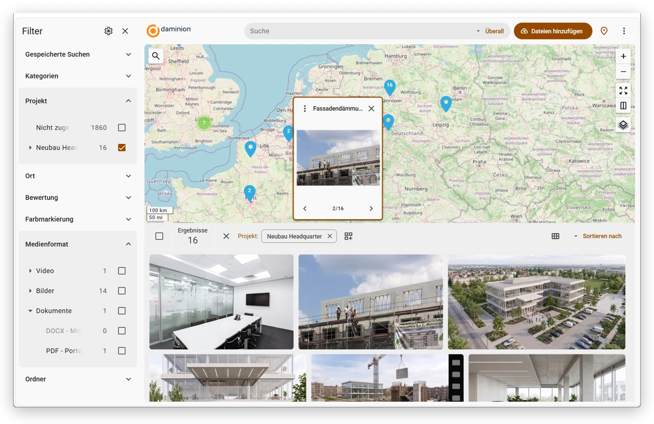 Daminion Web-Client mit Kartenansicht: Fotos eines Bauprojekts als Markierungen auf der Karte