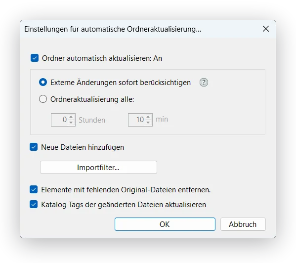Einstellungen der automatischen Ordneraktualisierung in Daminion