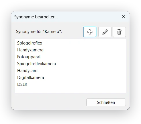 Synonyme für das Stichwort Kamera in Daminion, etwa Fotoapparat, Spiegelreflex und DSLR