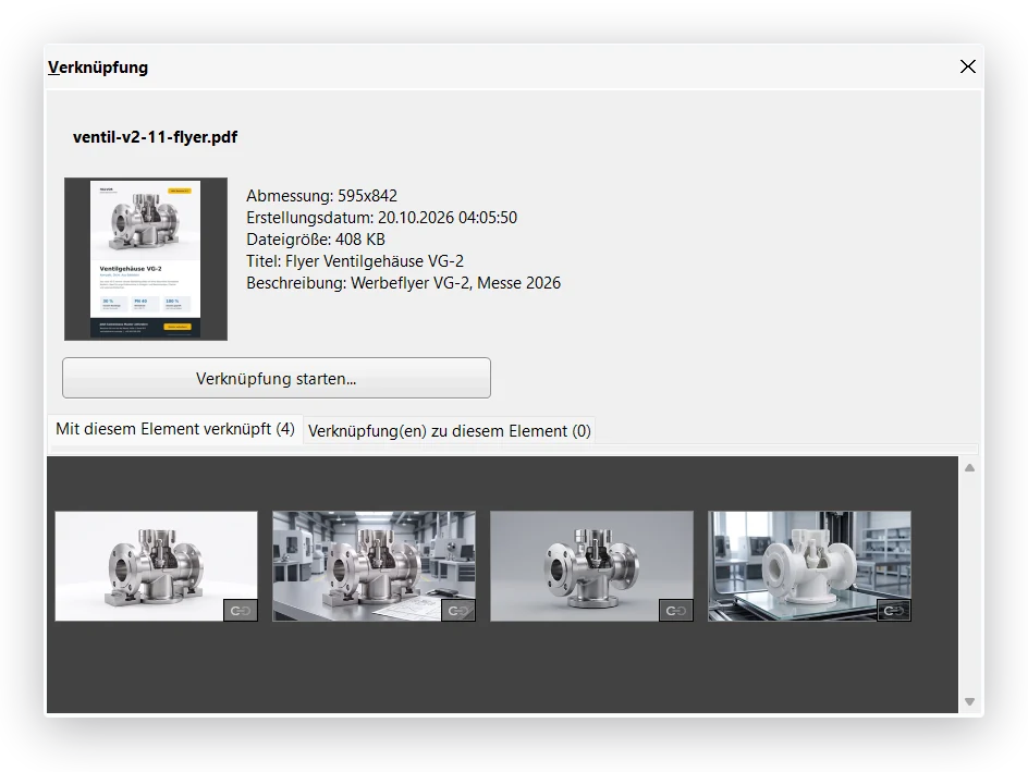 Daminion Verknüpfung: der Flyer ist mit vier verwendeten Produktfotos verknüpft